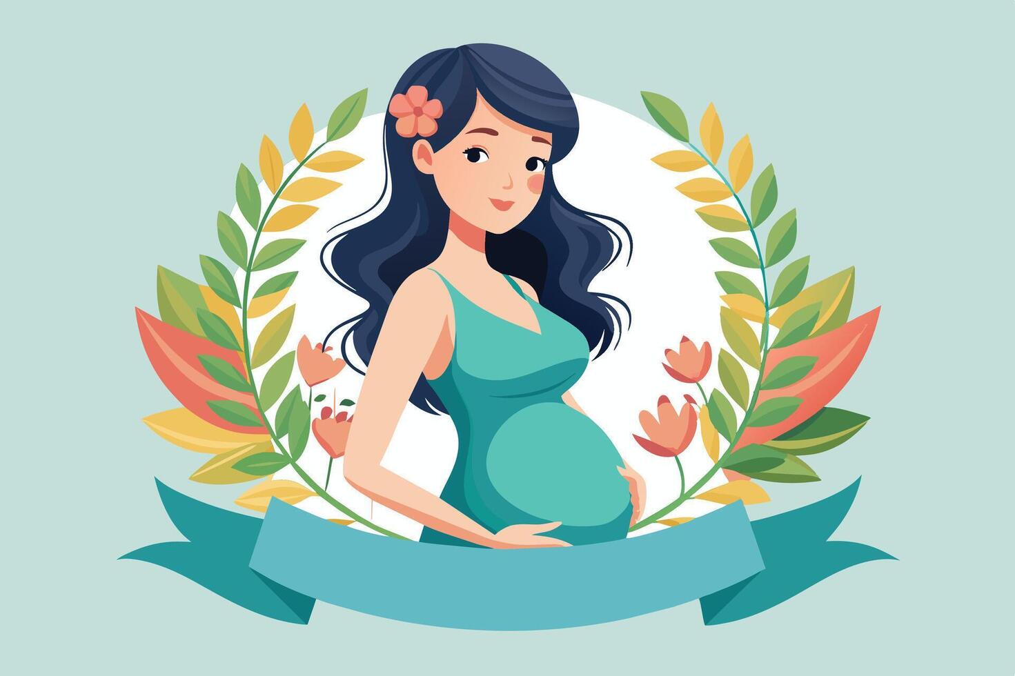A joyful pregnant woman holding her belly surrounded by flowers and leaves, celebrating motherhood with a serene expression vector