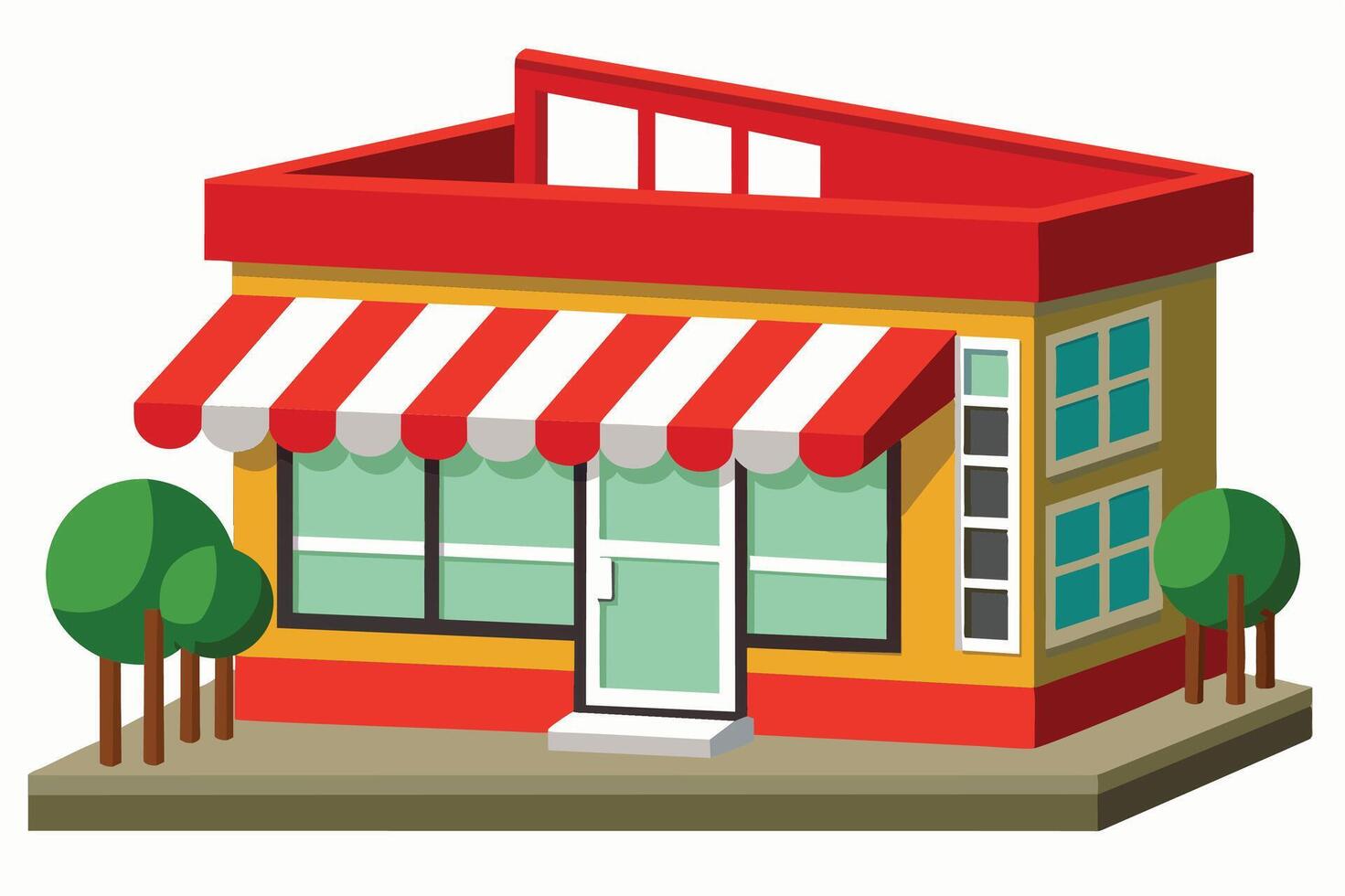 A colorful small retail shop with a red roof and windows, surrounded by stylized trees vector
