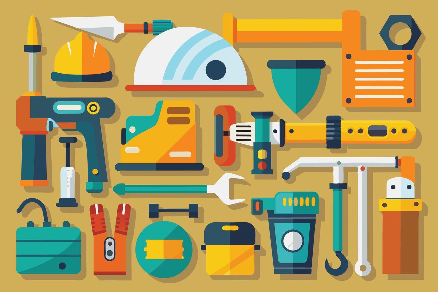 A collection of colorful construction tools and equipment arranged creatively on a flat surface for an artistic display in a workshop vector