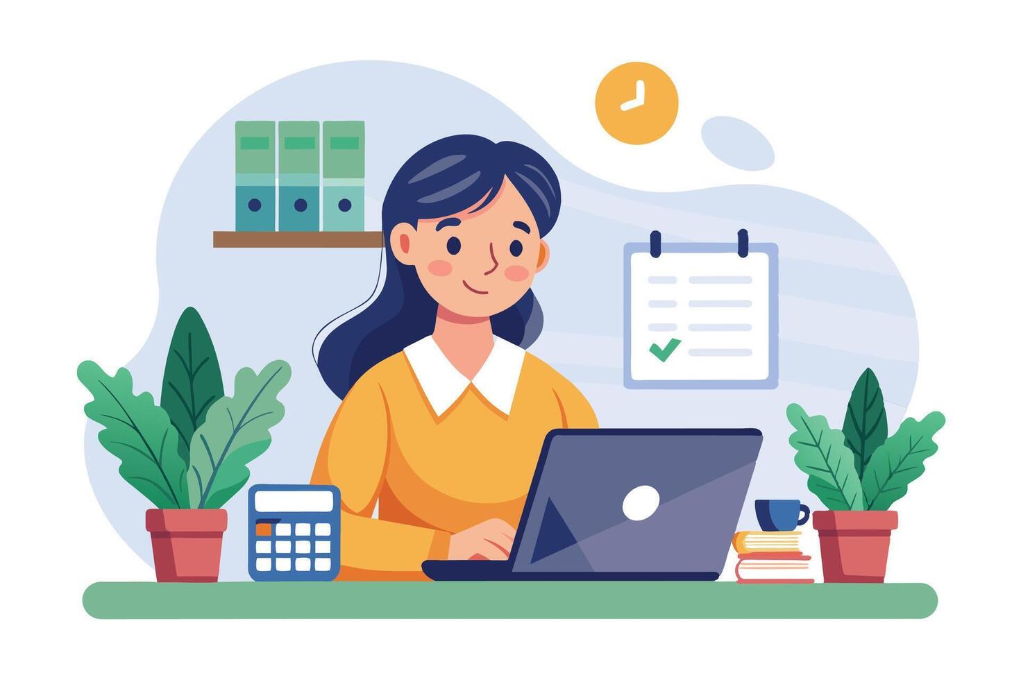 Woman working at a desk with a laptop in a bright office surrounded by plants and organized materials in the early morning vector