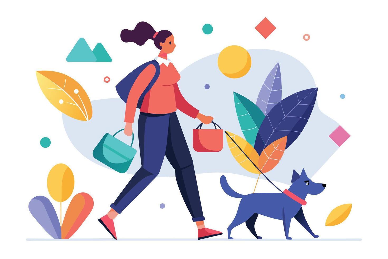 A woman walking her dog through a colorful park while carrying shopping bags on a sunny day vector