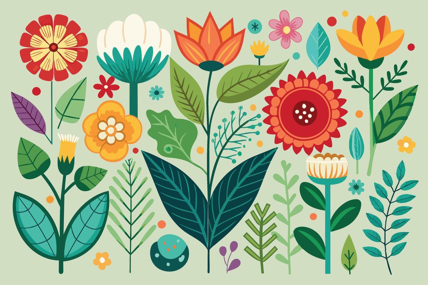 Colorful floral pattern featuring various flowers, leaves, and vibrant designs on a light green background created in a playful and artistic style vector