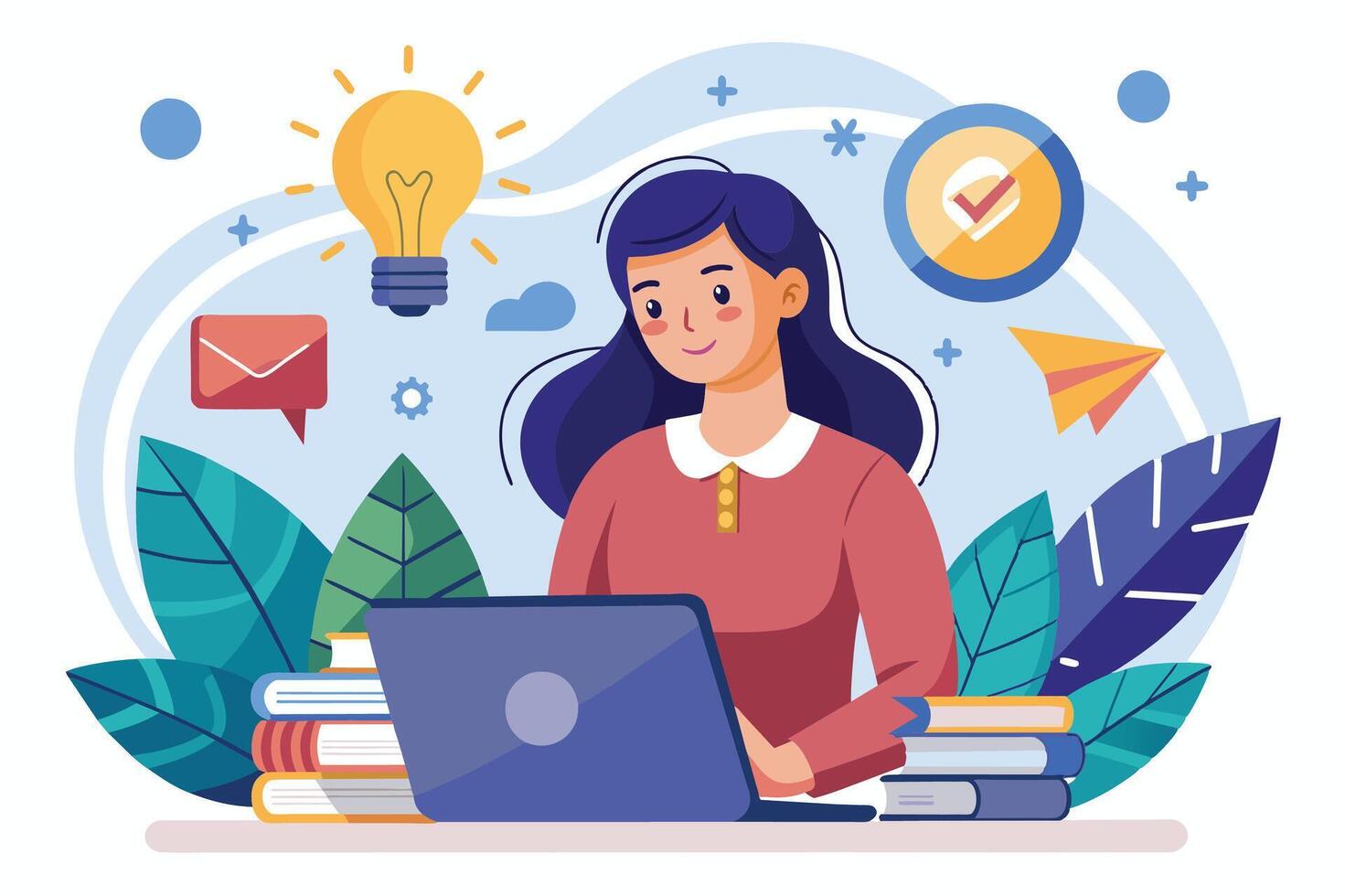 A young woman studies with a laptop in a bright and creative workspace surrounded by books and inspiring symbols of learning and productivity vector