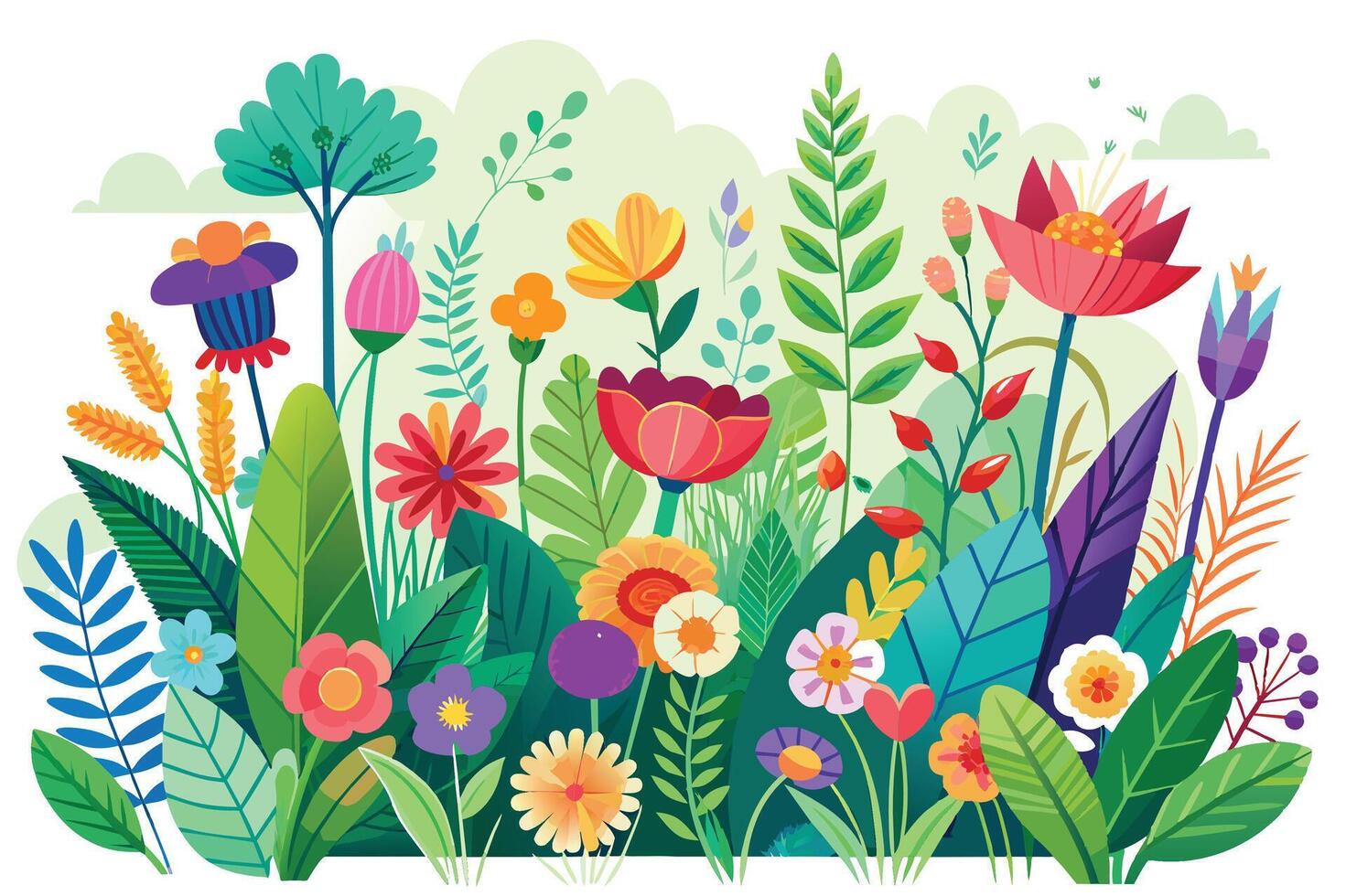 Colorful floral arrangement featuring various plants and flowers in a vibrant garden setting during bright daytime vector