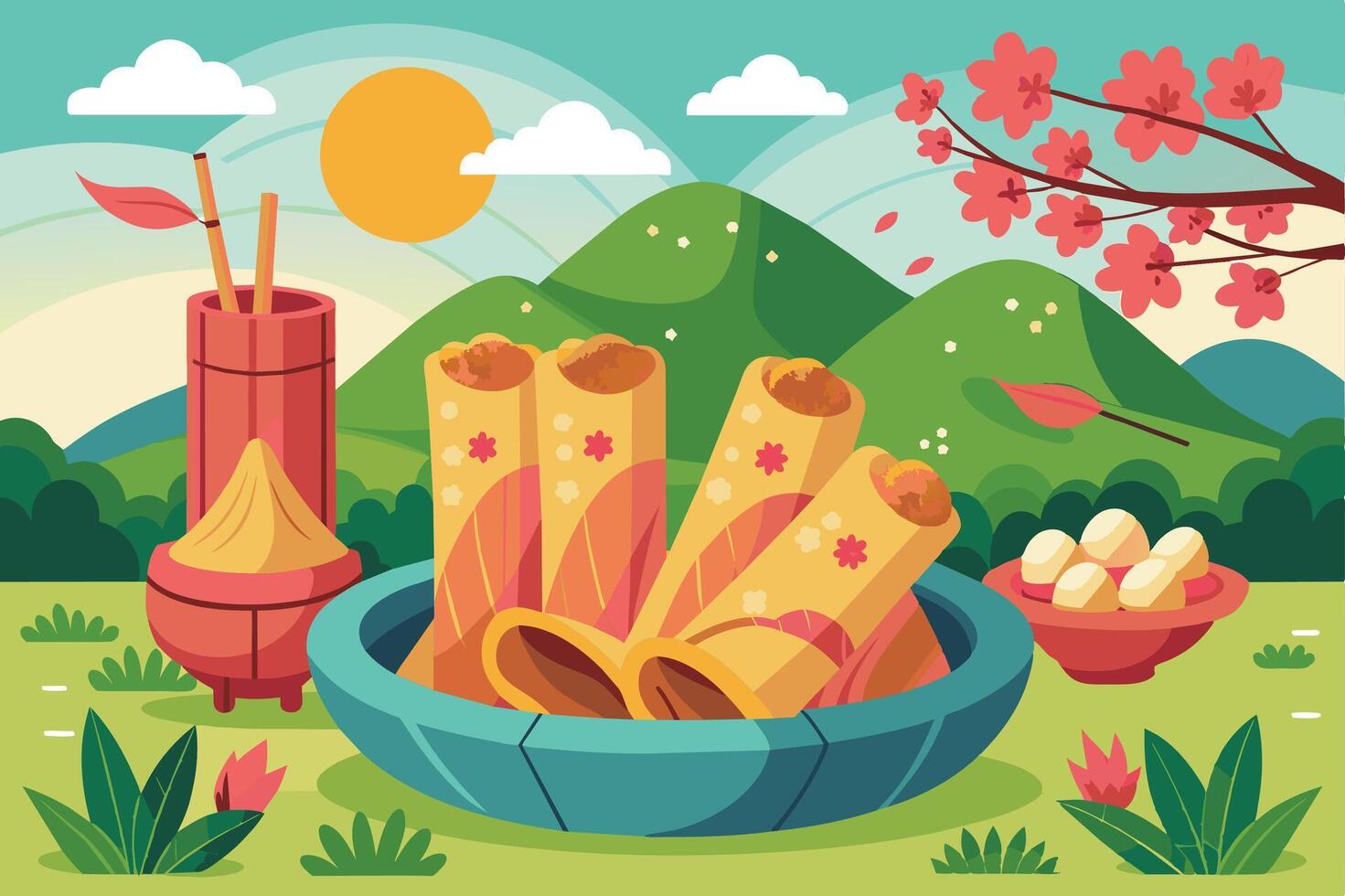 Colorful traditional spring rolls served in a decorative bowl with dipping sauces, surrounded by a scenic landscape at sunset vector