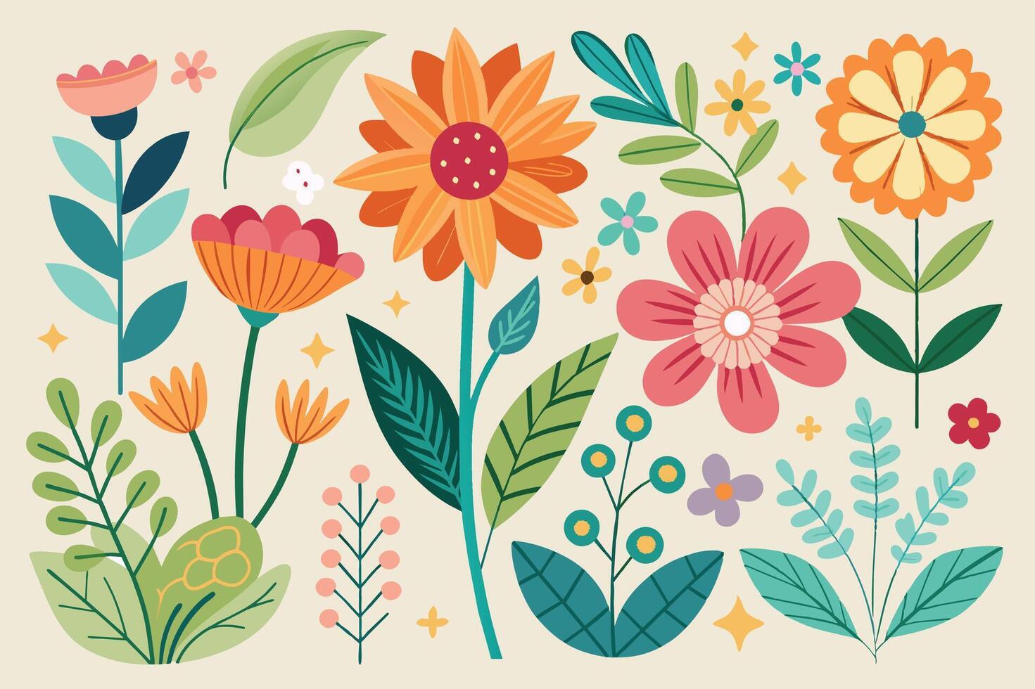 Colorful collection of various flowers and plants in a stylized arrangement on a light background showcasing nature's beauty vector