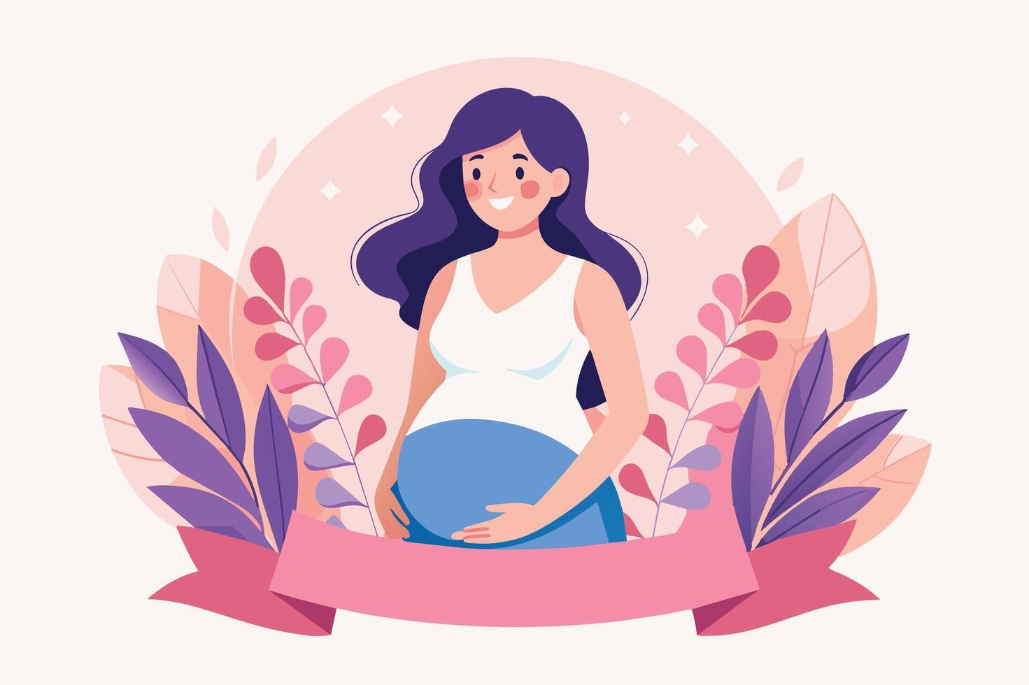 A joyful expectant mother stands surrounded by colorful leaves and a gentle pink background, celebrating her pregnancy journey vector