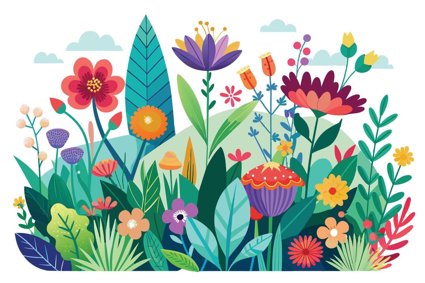 Vibrant floral illustration featuring diverse plants and flowers in a colorful garden setting during a sunny day vector