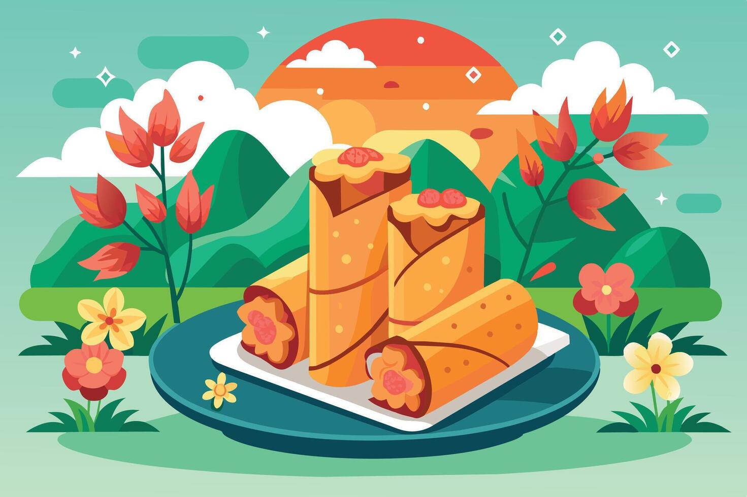 Delicious rolled desserts presented on a plate surrounded by vibrant flowers and mountains at sunset vector