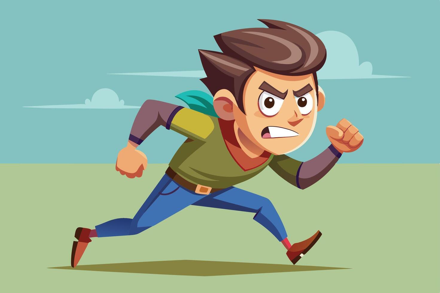 A determined young boy runs energetically across an open field with a focused expression on a sunny day vector