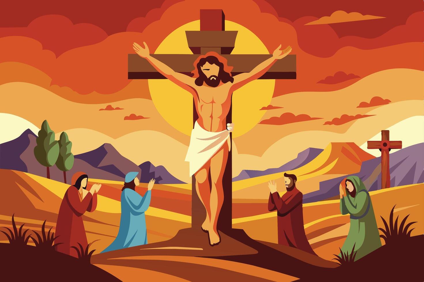 A depiction of Jesus' crucifixion with mourners in a desert landscape during sunset, showcasing an emotional moment of sorrow and reflection vector