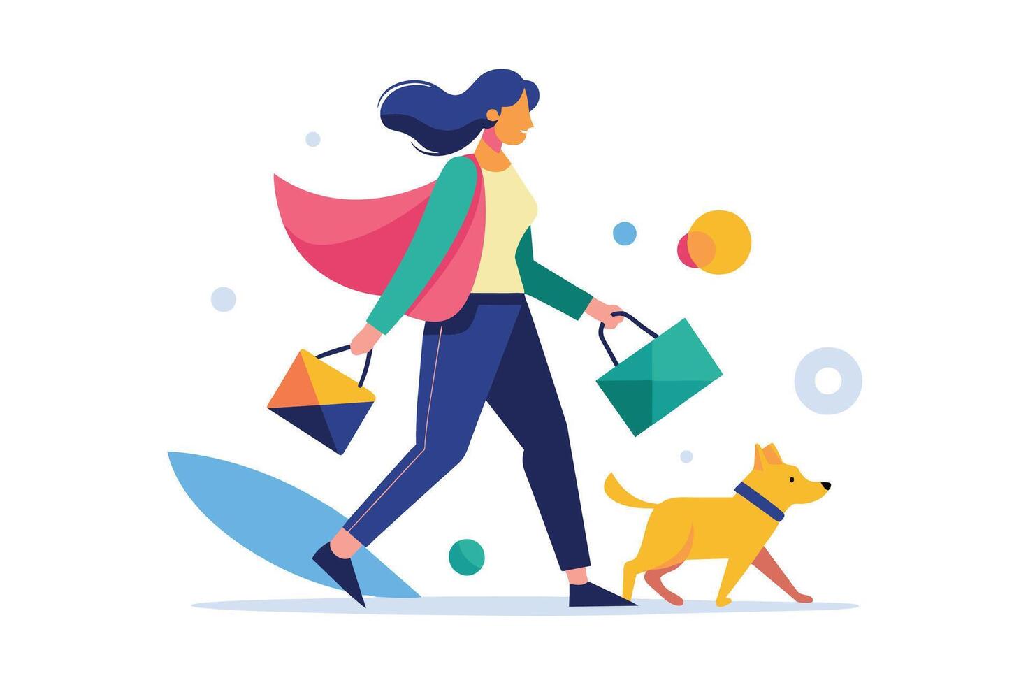 A woman walks her dog while carrying shopping bags on a sunny day with colorful abstract shapes surrounding them vector
