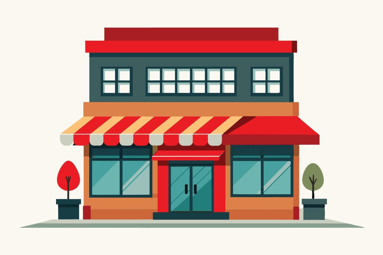 Stylish storefront featuring red awnings and large windows in an urban setting with potted plants and colorful facades vector