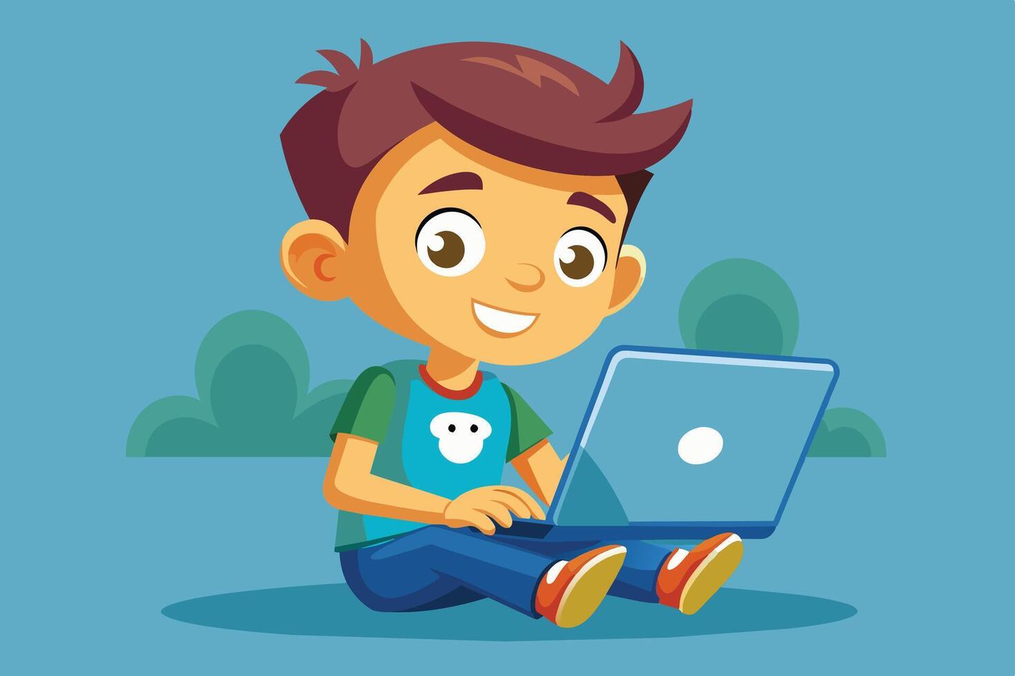 Young boy using a laptop while sitting on the ground, enjoying his time in a playful outdoor setting with green foliage in the background vector