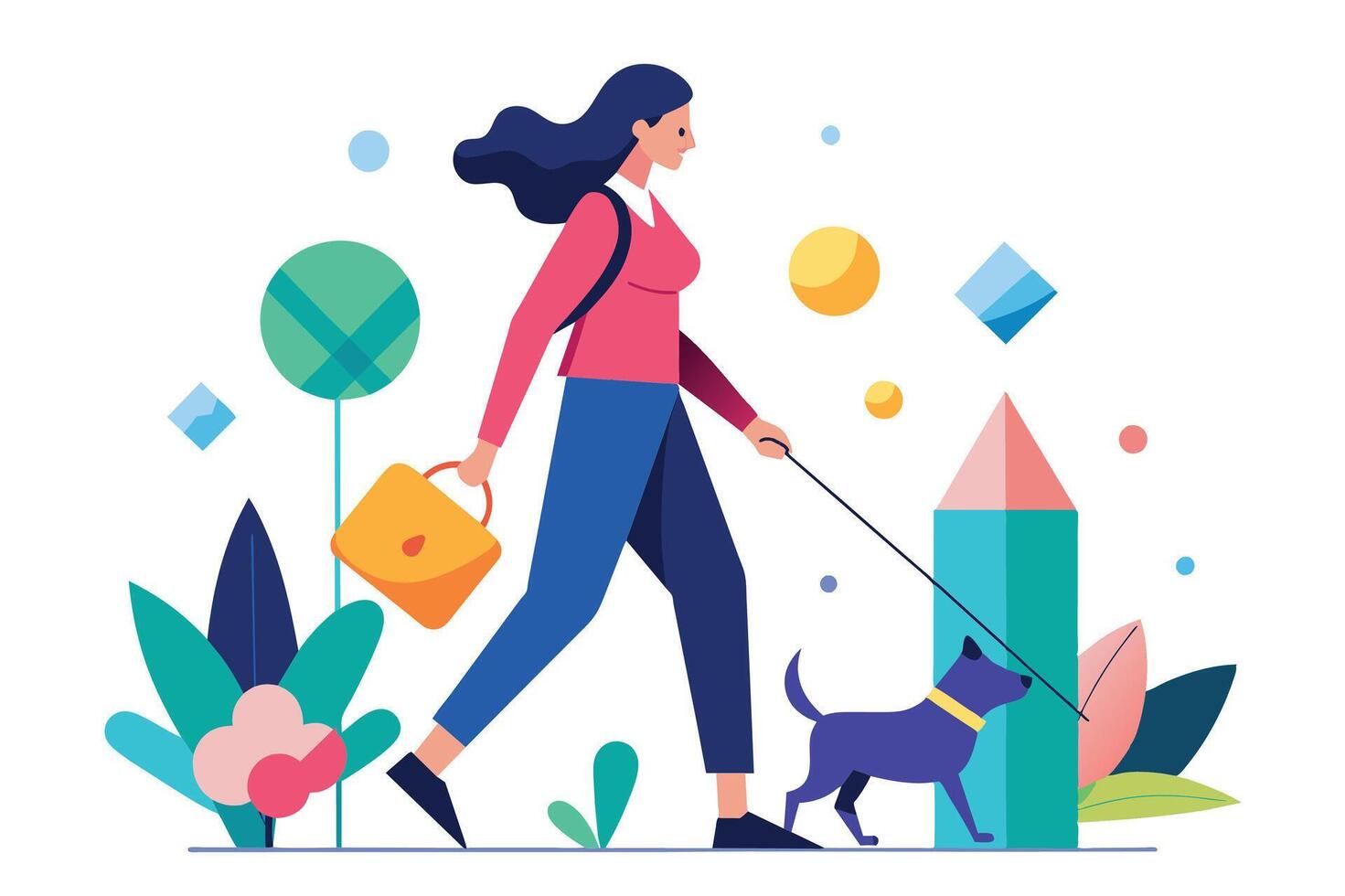 A woman walking her dog through a colorful park with geometric shapes and lush greenery on a bright, sunny day vector