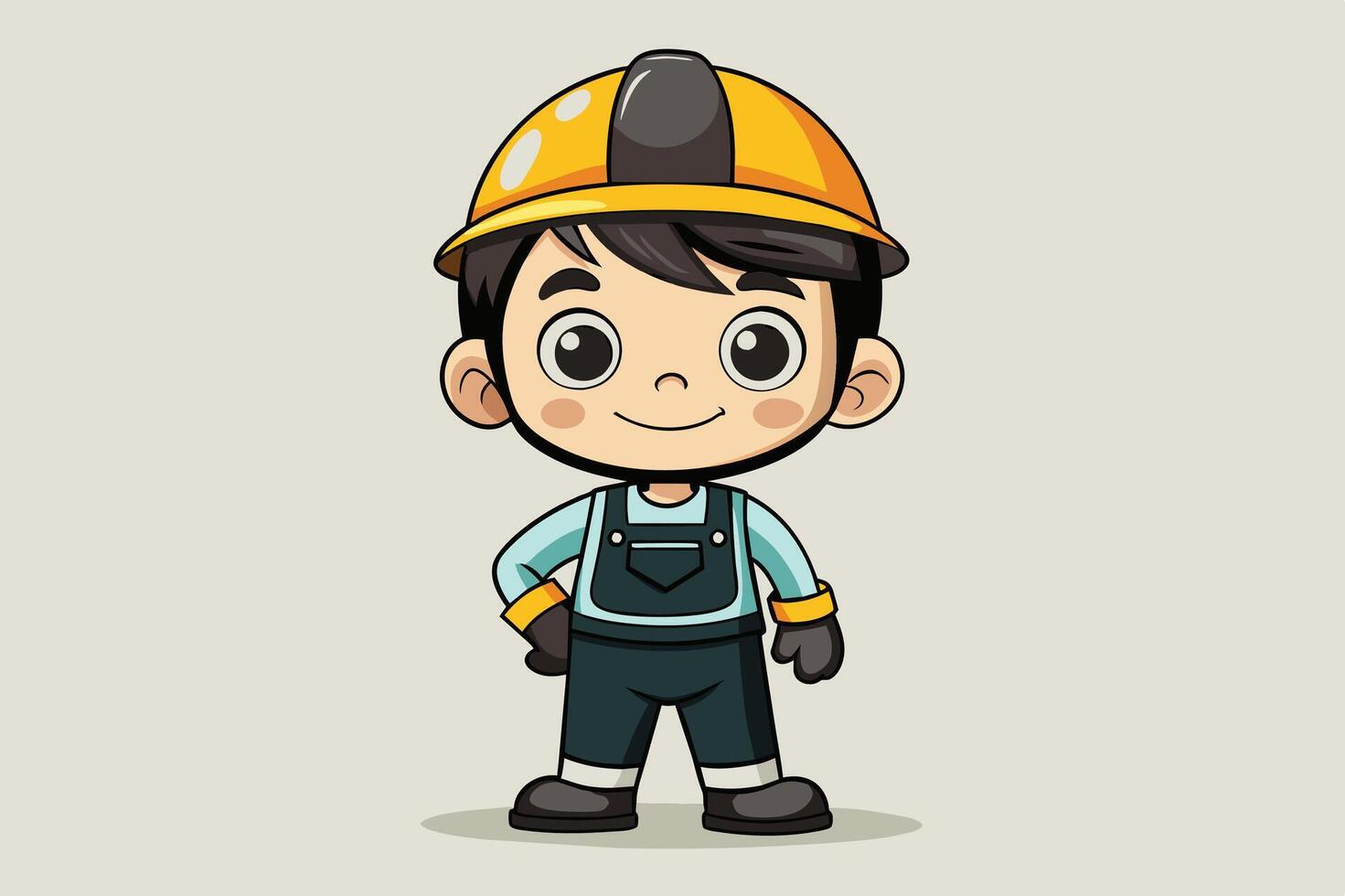 A cheerful cartoon boy wearing a yellow construction helmet and overalls standing confidently on a light background vector
