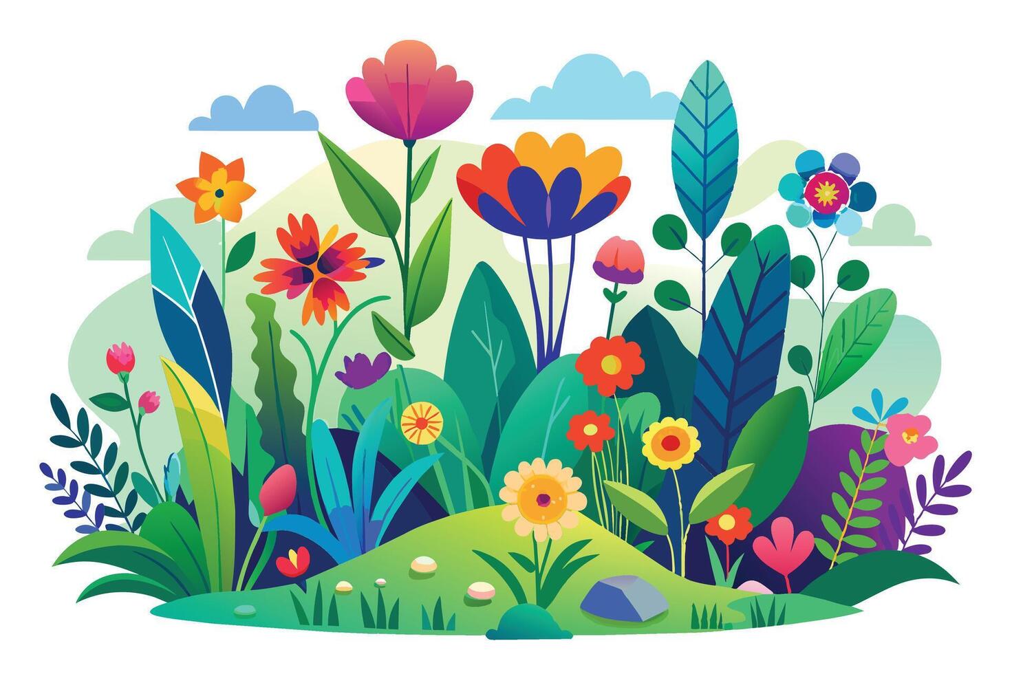 A vibrant illustration of a colorful flower garden with various plants and blossoms under a bright sky on a sunny day vector