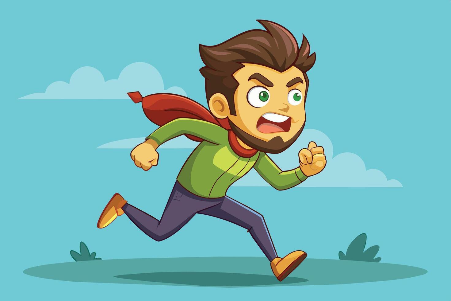 A determined young man runs energetically in a vibrant landscape, showcasing enthusiasm and adventure on a sunny day vector