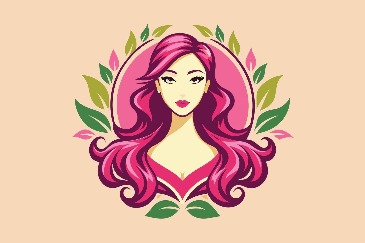 Stylized illustration of a woman with vibrant pink hair surrounded by leafy designs, set against a soft pastel background vector