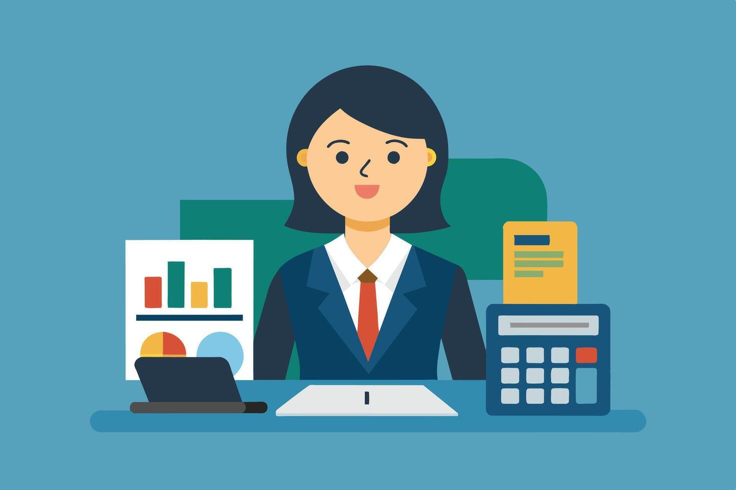 A woman in a business suit working at a desk with charts, calculator, and laptop, focusing on her professional tasks in an office setting vector