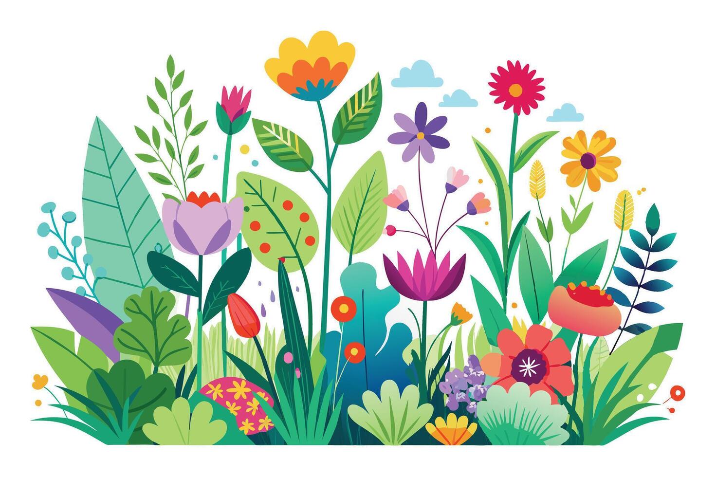 Colorful floral illustration depicting a diverse range of flowers, leaves, and green plants in a vibrant garden setting vector