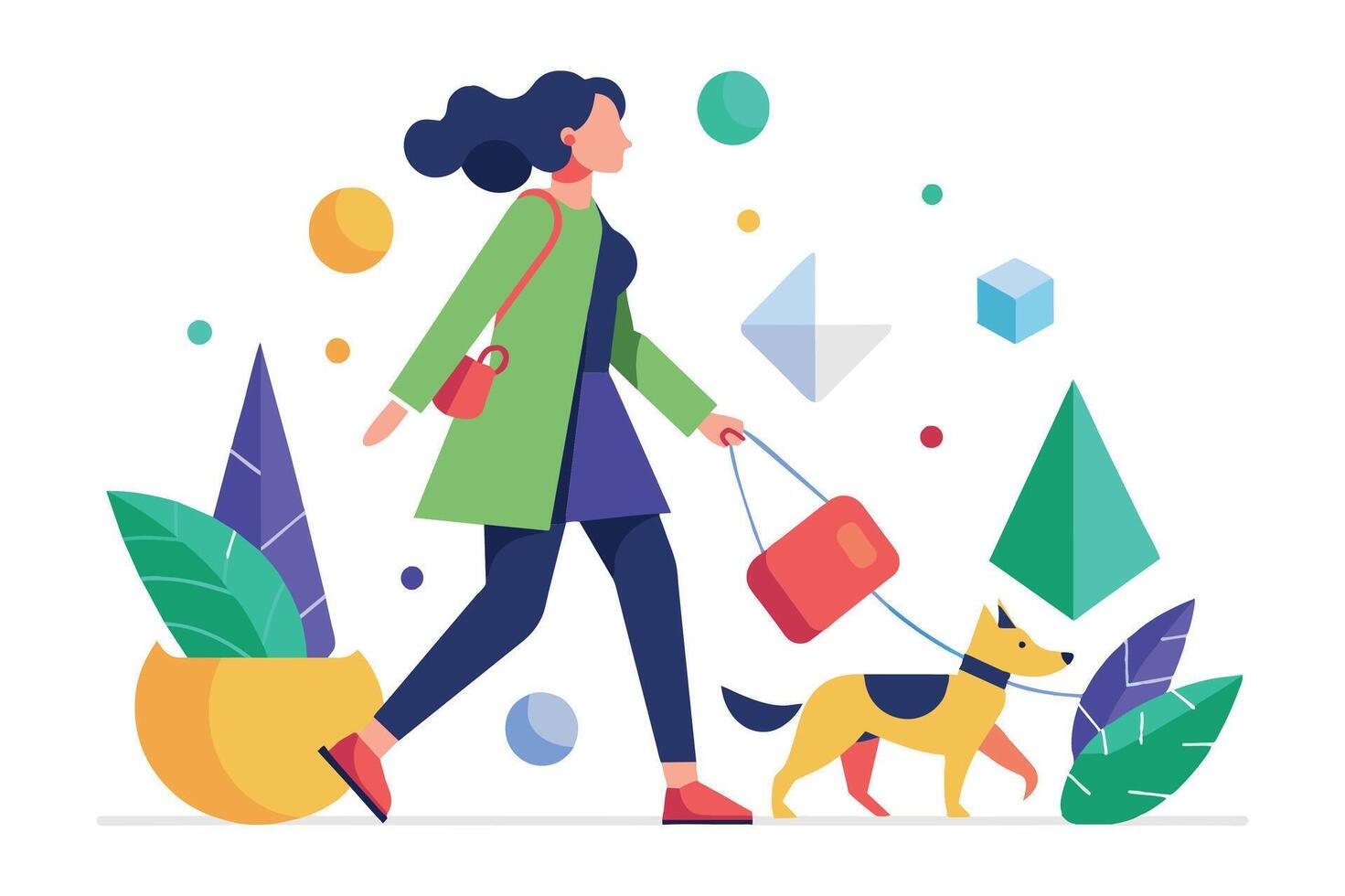 A woman in a green coat walks her dog through a colorful park filled with abstract shapes and plants in the afternoon vector