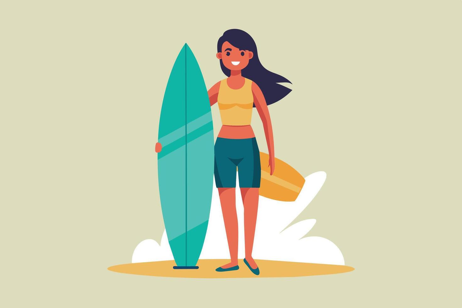 A young woman stands happily on the beach holding a colorful surfboard during a sunny day, ready to catch some waves and enjoy her time on the water vector