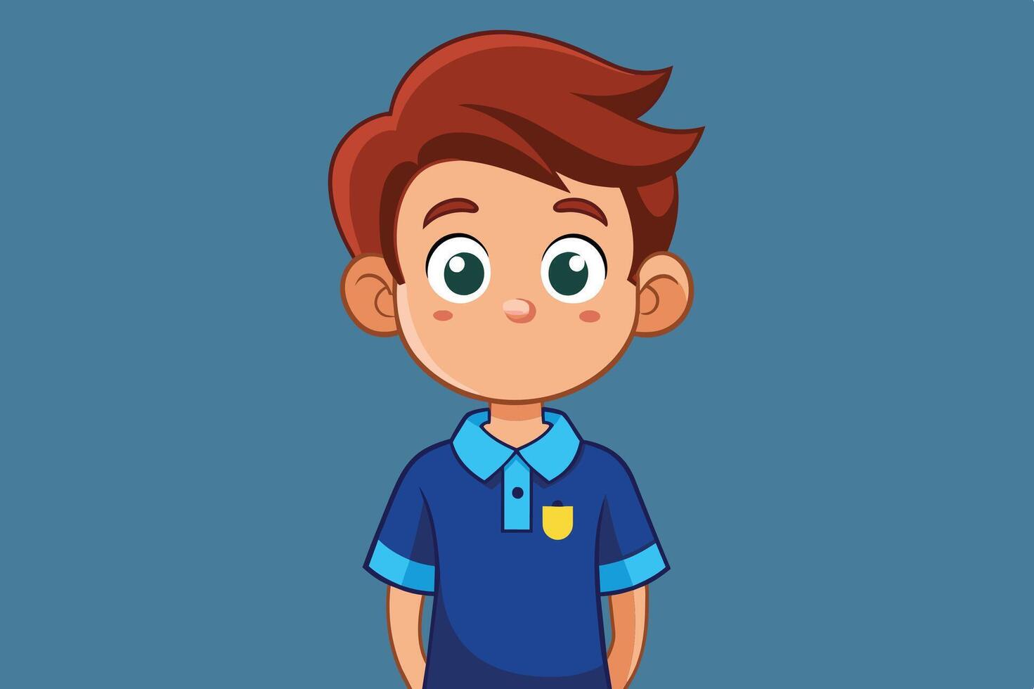 A cheerful young boy with brown hair wearing a blue polo shirt smiles against a solid background, showcasing a friendly and playful demeanor vector