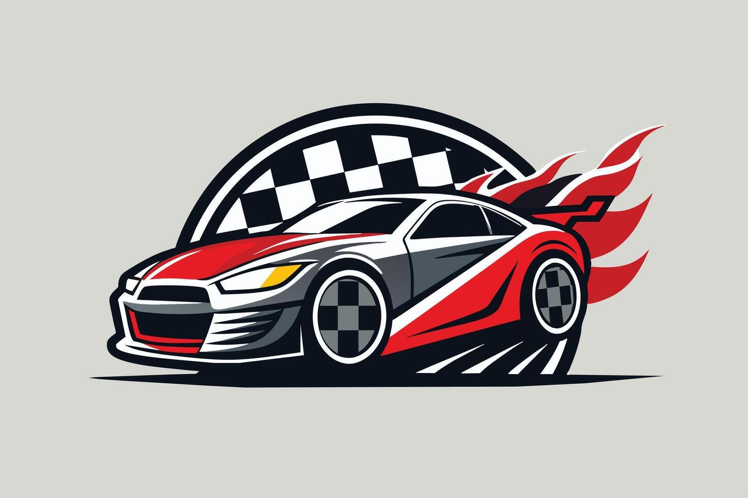 Stylish red and gray racing car with flames and checkered flag design on a simple background vector