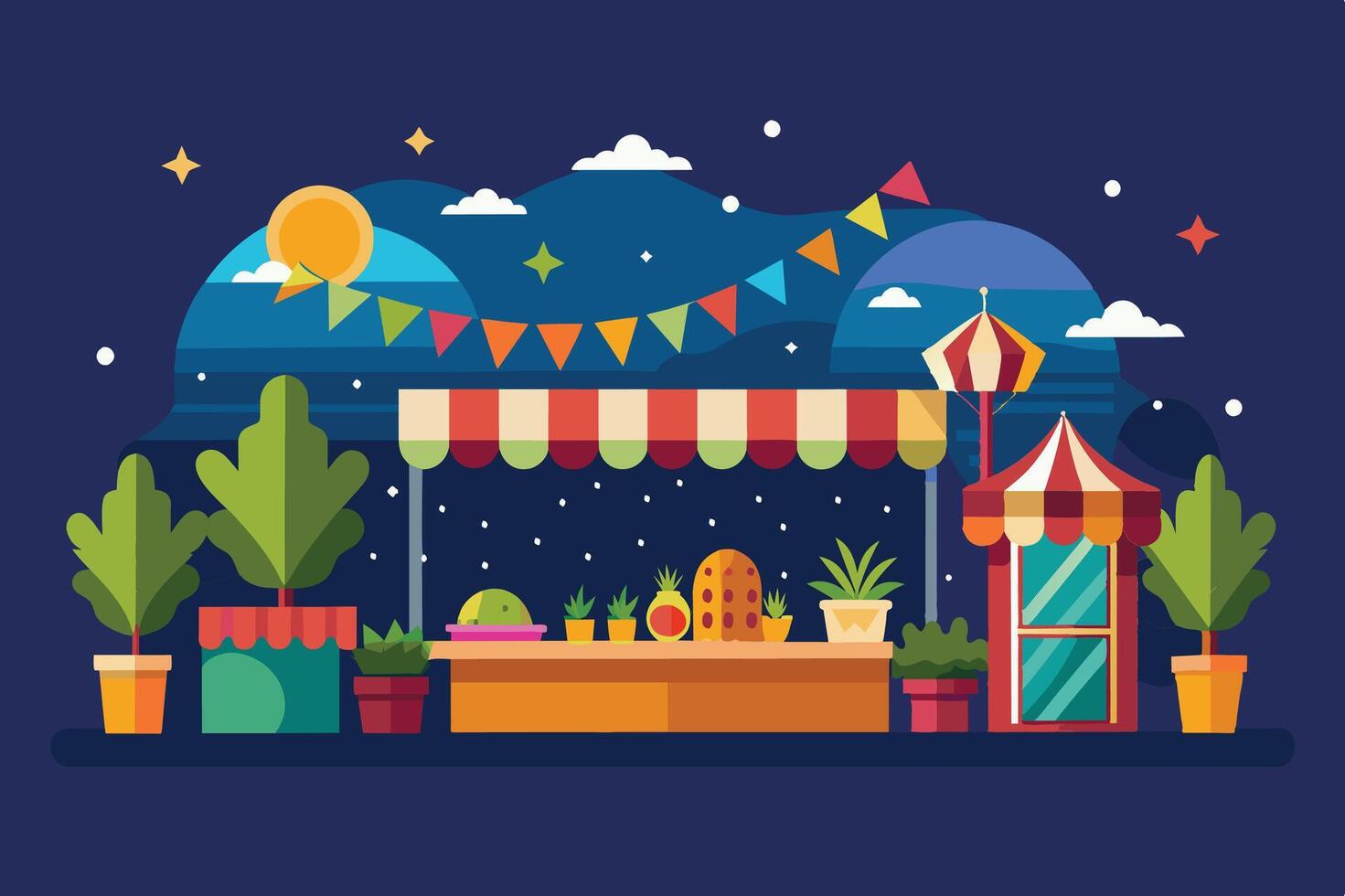 Colorful outdoor market at night with festive decorations, plants, and a variety of stalls under a starry sky vector