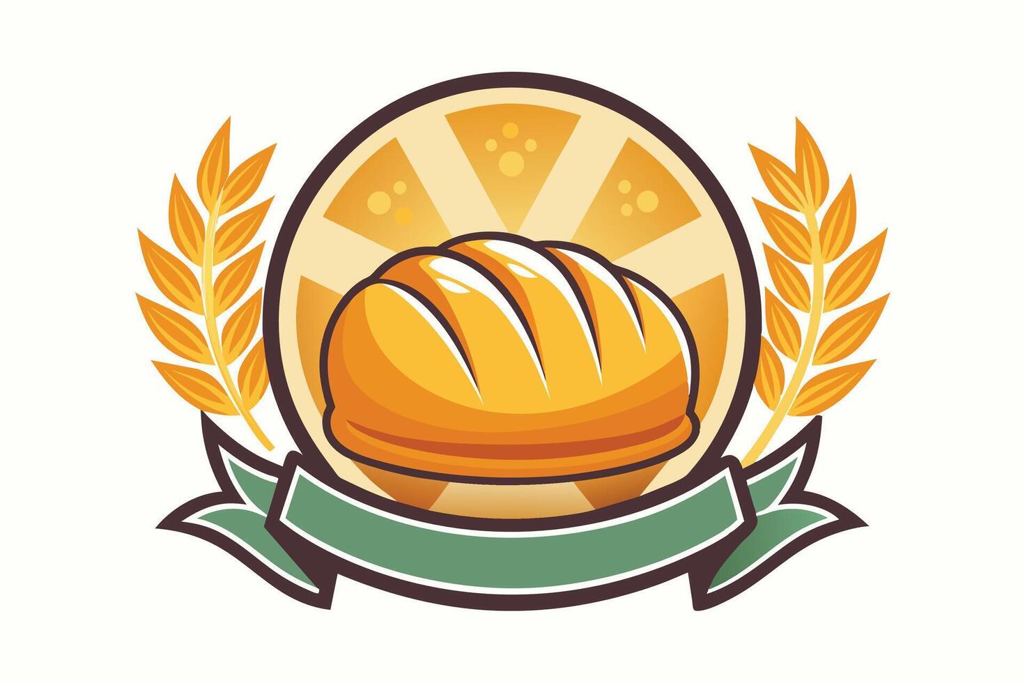 A golden-brown loaf of bread surrounded by wheat sheaves and a sunburst backdrop, symbolizing freshness and quality in baking vector
