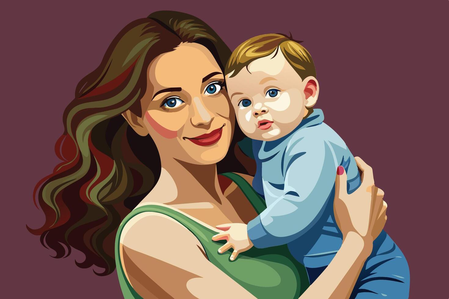 A loving mother cradles her baby in her arms while smiling warmly against a vibrant maroon background vector