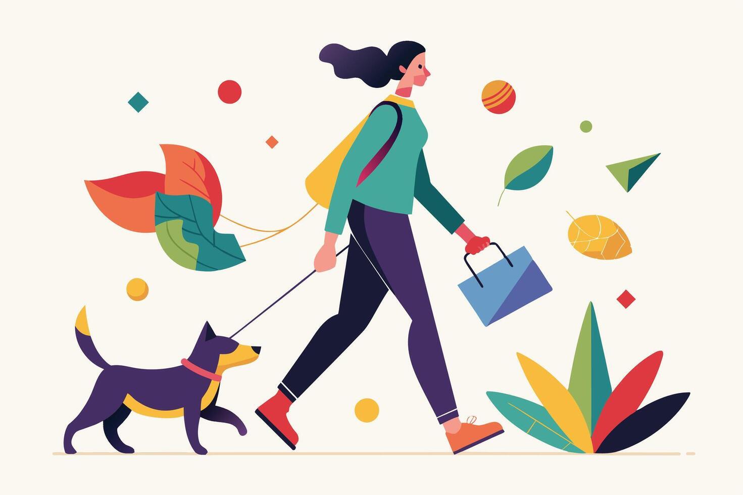 A woman walks her dog through a colorful park, enjoying the fresh air and vibrant autumn leaves while carrying a shopping bag vector