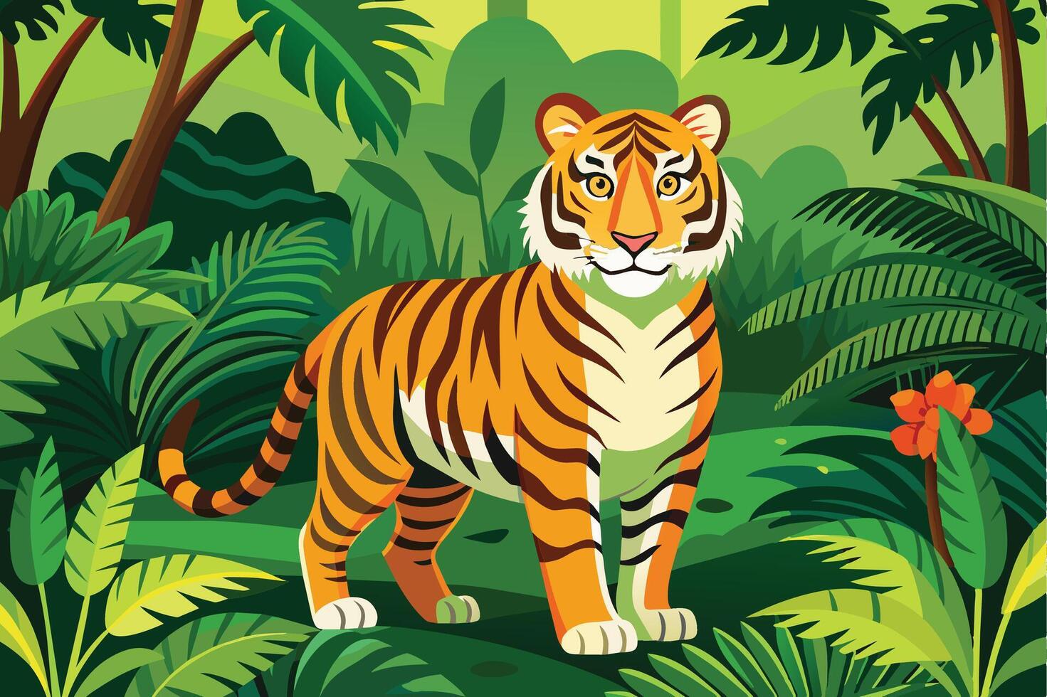 A vibrant tiger stands confidently among lush green foliage in a tropical jungle setting during the daytime vector