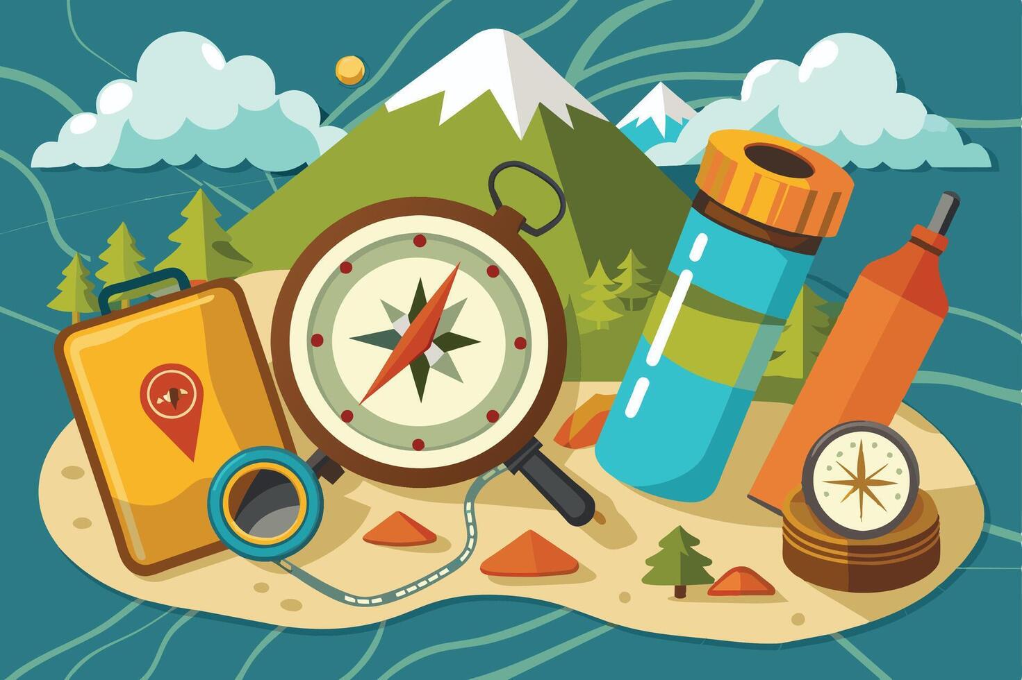 Exploring the wilderness with essential navigation tools, including a compass and water bottle, surrounded by mountains and trees vector