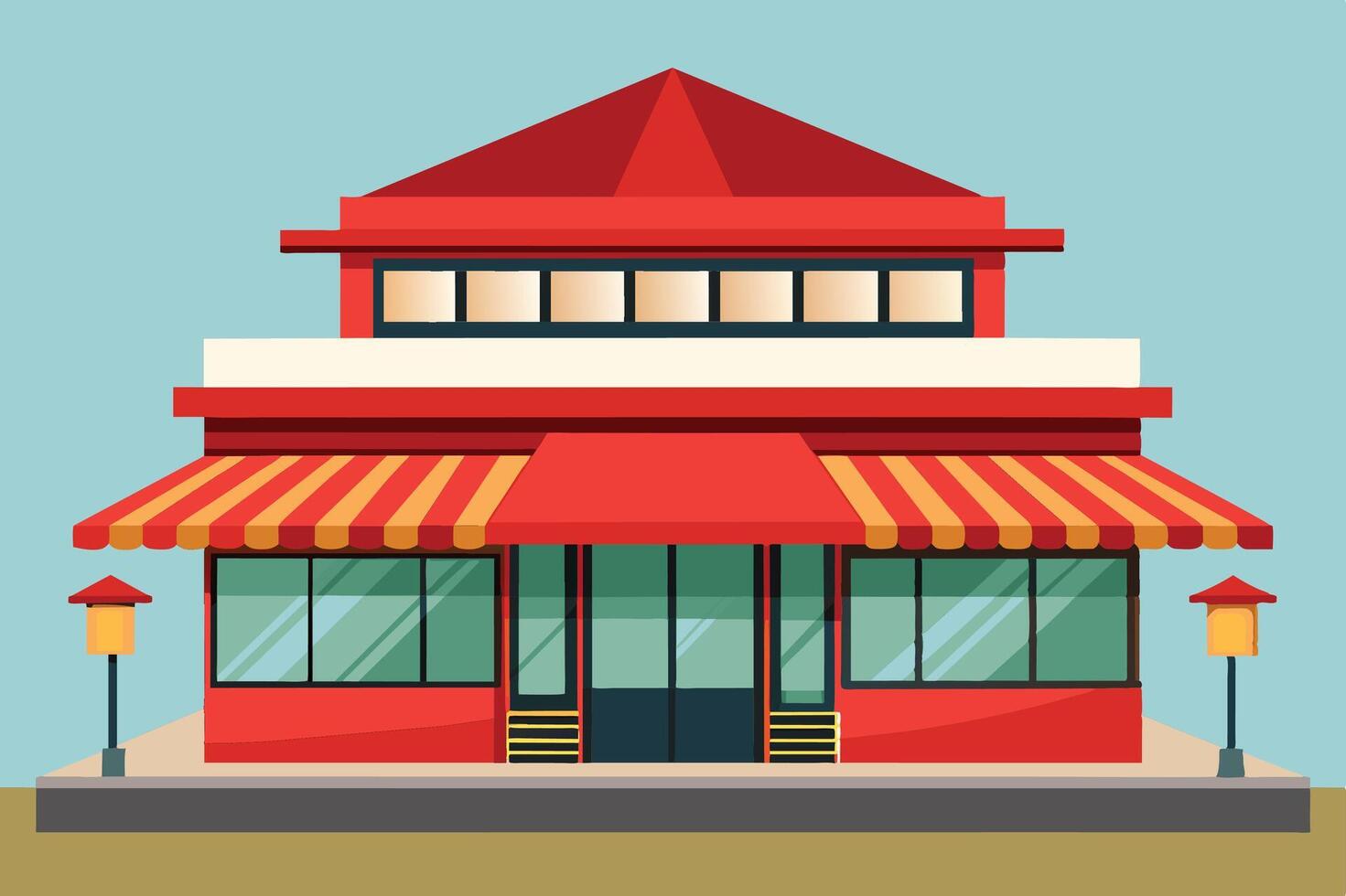 Bright red restaurant building with striped awning and large windows showcasing a welcoming entrance during daylight hours vector