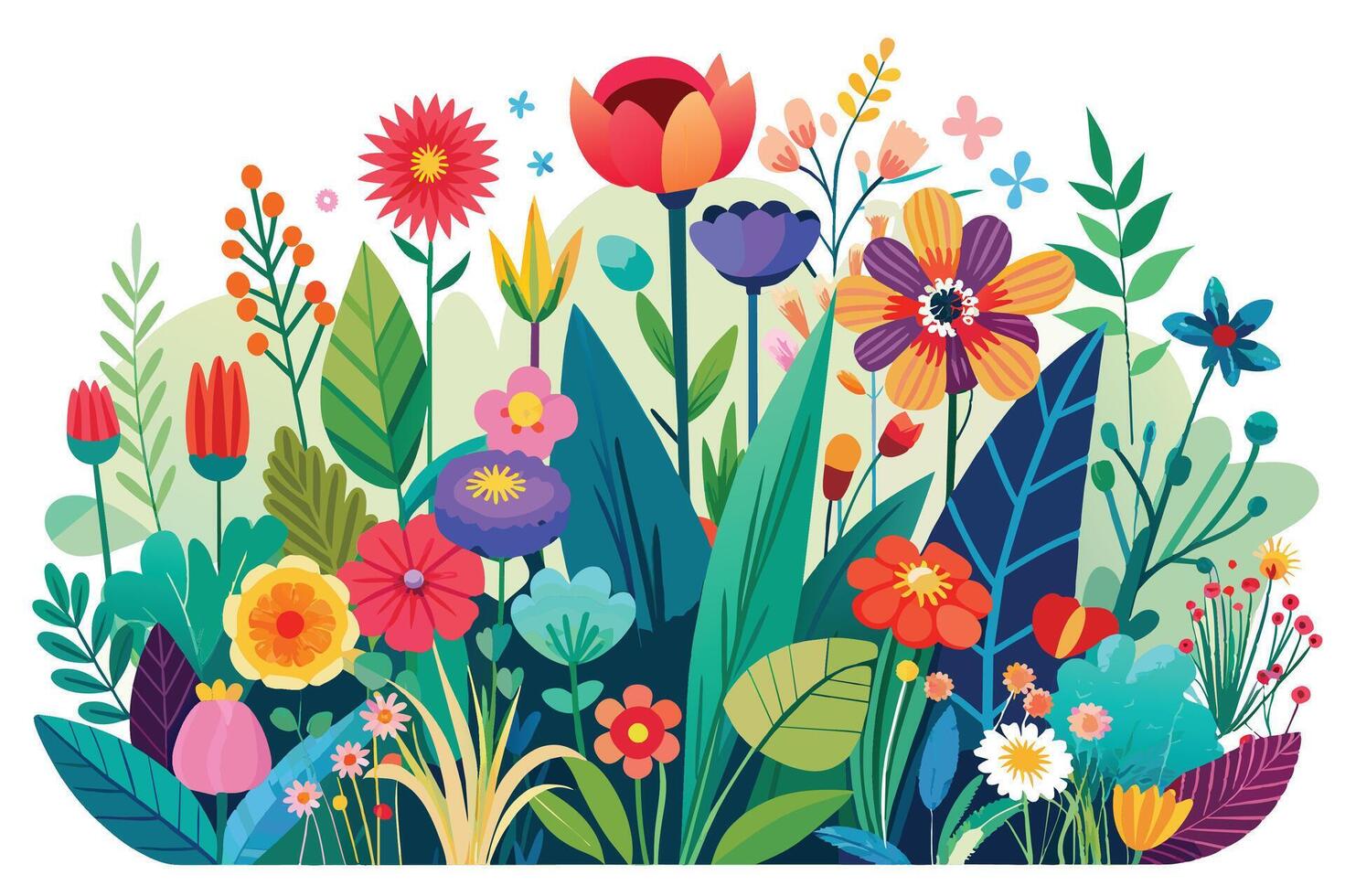 Colorful garden filled with vibrant flowers and greenery in a lively, artistic design showcasing nature's beauty and diversity vector