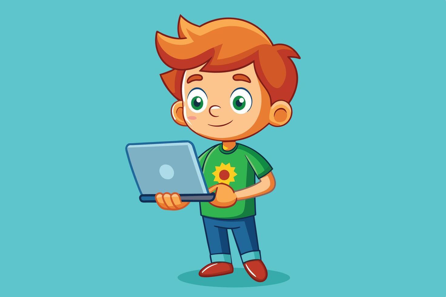 A cheerful boy with orange hair working on a laptop while wearing a bright green shirt with a sunflower design in a colorful setting vector