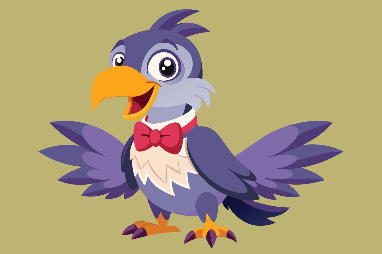A cheerful cartoon bird character wearing a bow tie stands with wings spread against a solid light green background vector