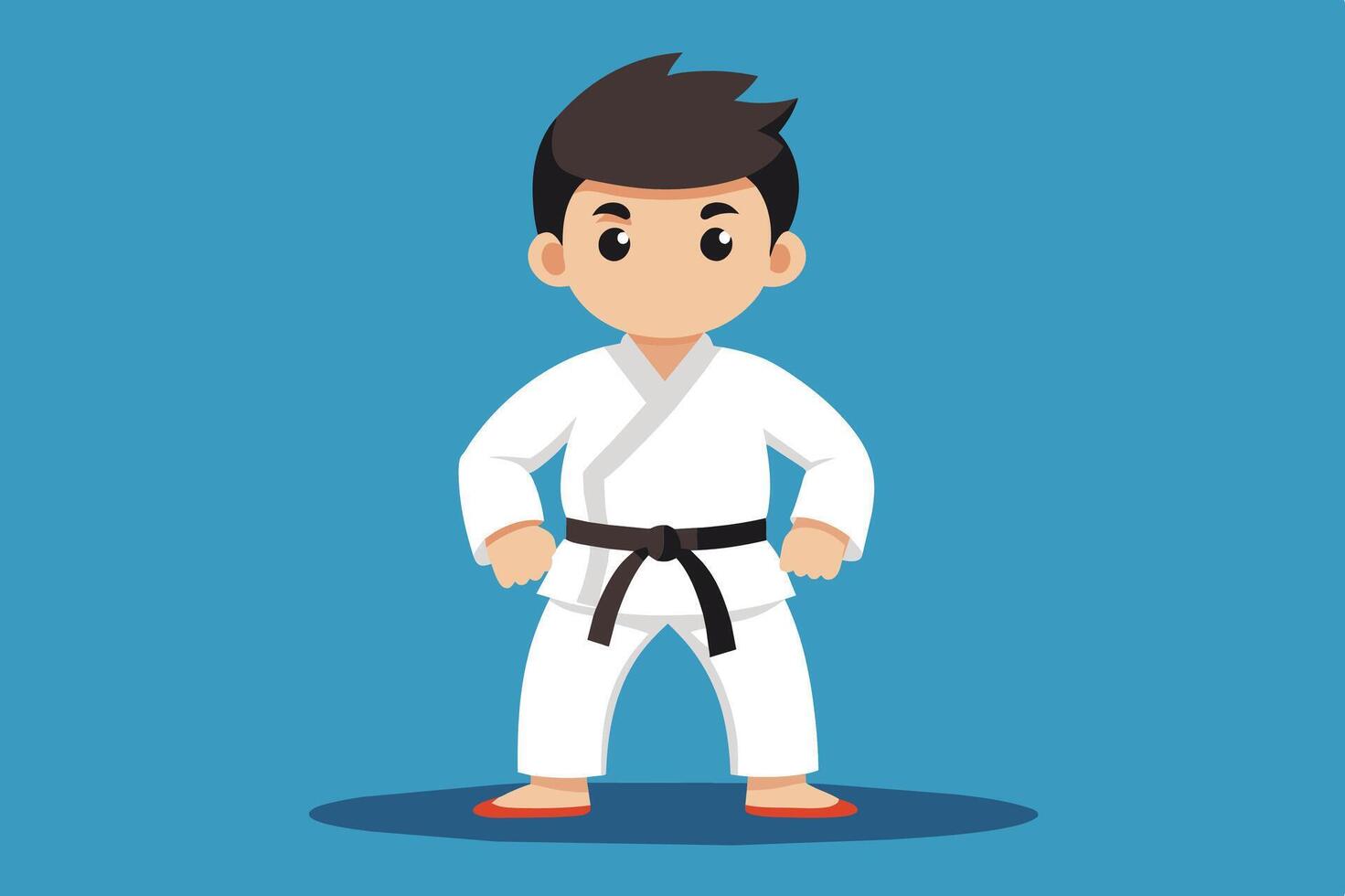 Young martial artist in a black belt uniform stands confidently against a blue background, embodying determination and skill in karate practice vector