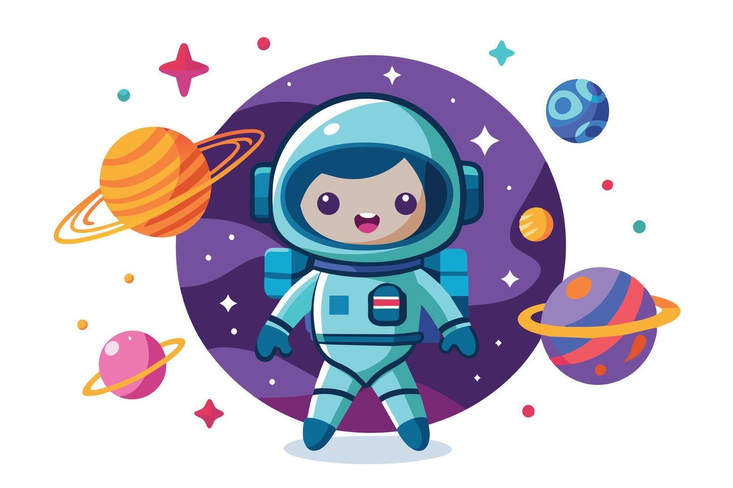 A cheerful astronaut in a spacesuit exploring a vibrant galaxy with colorful planets and stars under a purple cosmic backdrop vector