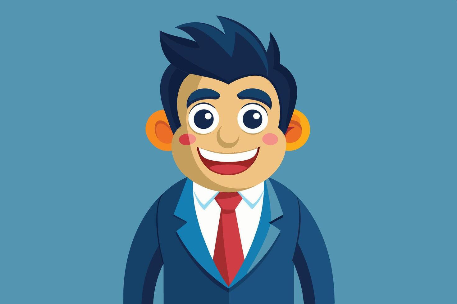 Cheerful cartoon businessman smiling while wearing a suit and tie against a blue background, radiating confidence and positivity vector