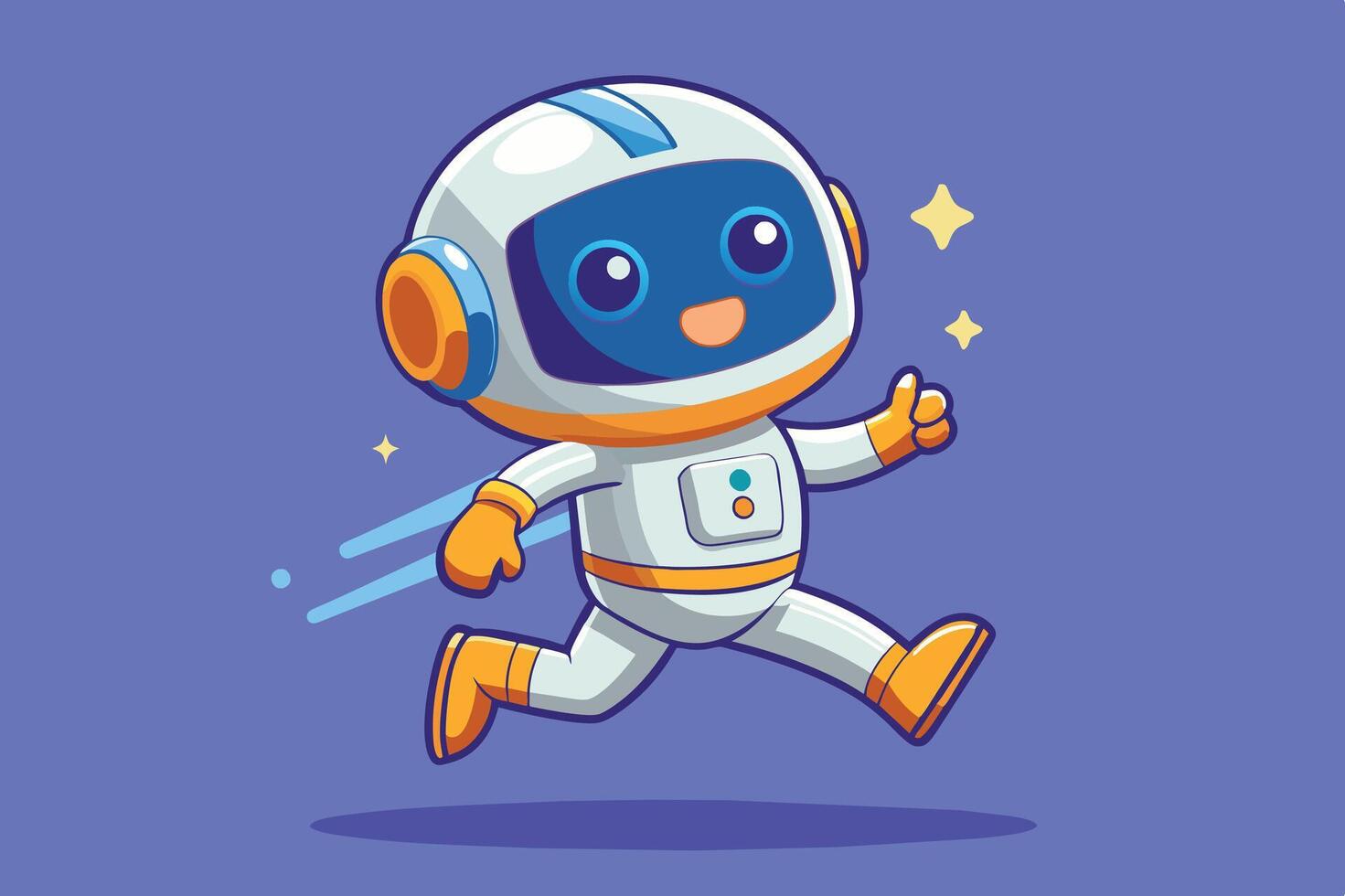 A cheerful cartoon astronaut runs joyfully across a vibrant blue background, showcasing a playful and adventurous spirit vector