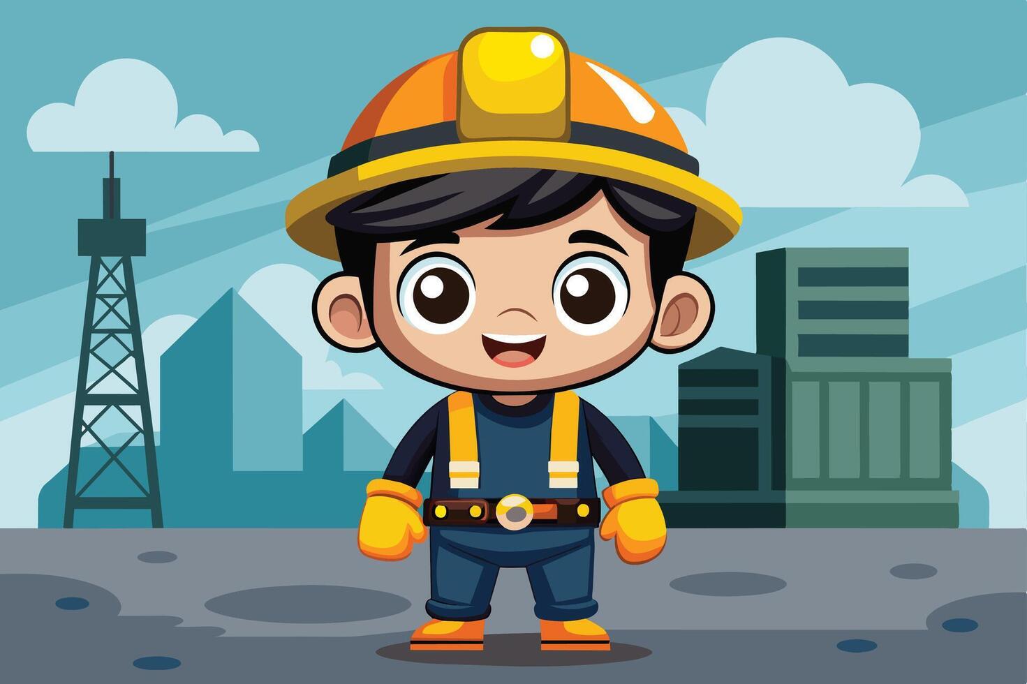 A cheerful young boy in a construction uniform and hard hat poses confidently on a city site with buildings and a tower in the background vector