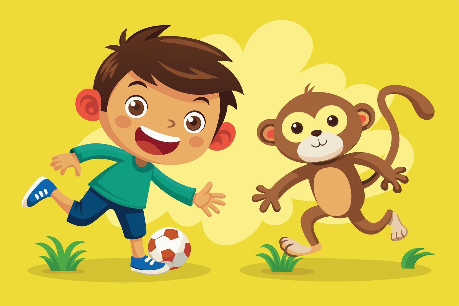 A cheerful child plays soccer with a playful monkey in a colorful outdoor setting during the daytime vector