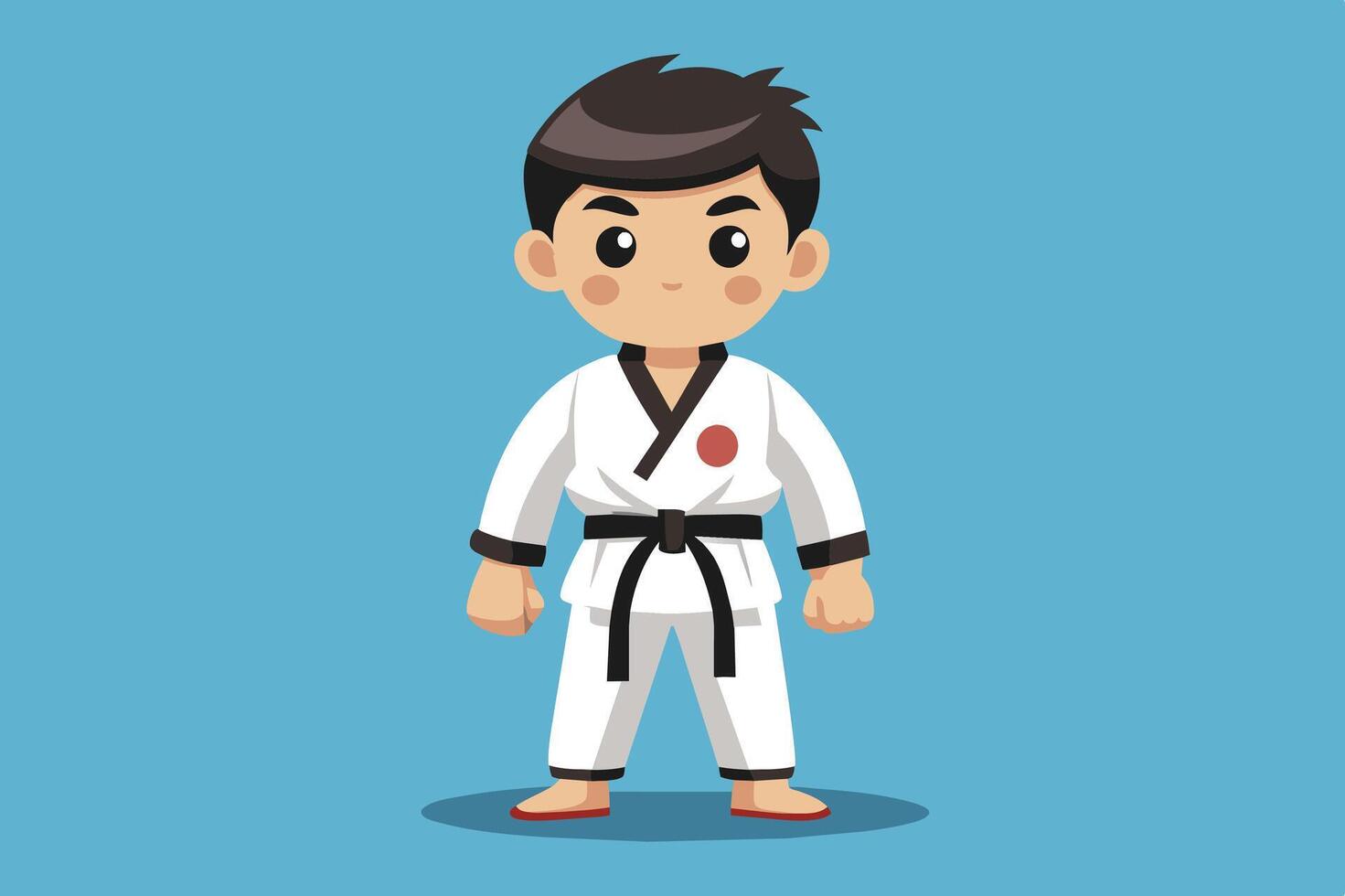 A young martial artist in a black belt uniform posing confidently on a blue background during a training session vector