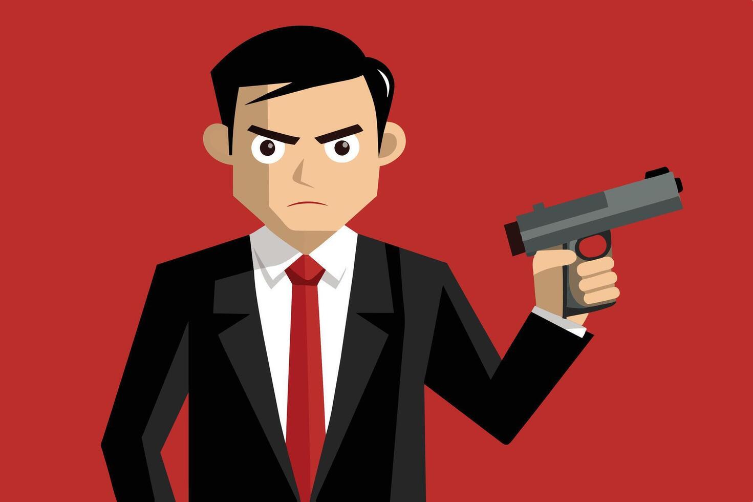 A determined man in a suit holding a handgun in front of a bold red background, conveying tension and seriousness in an urban setting vector