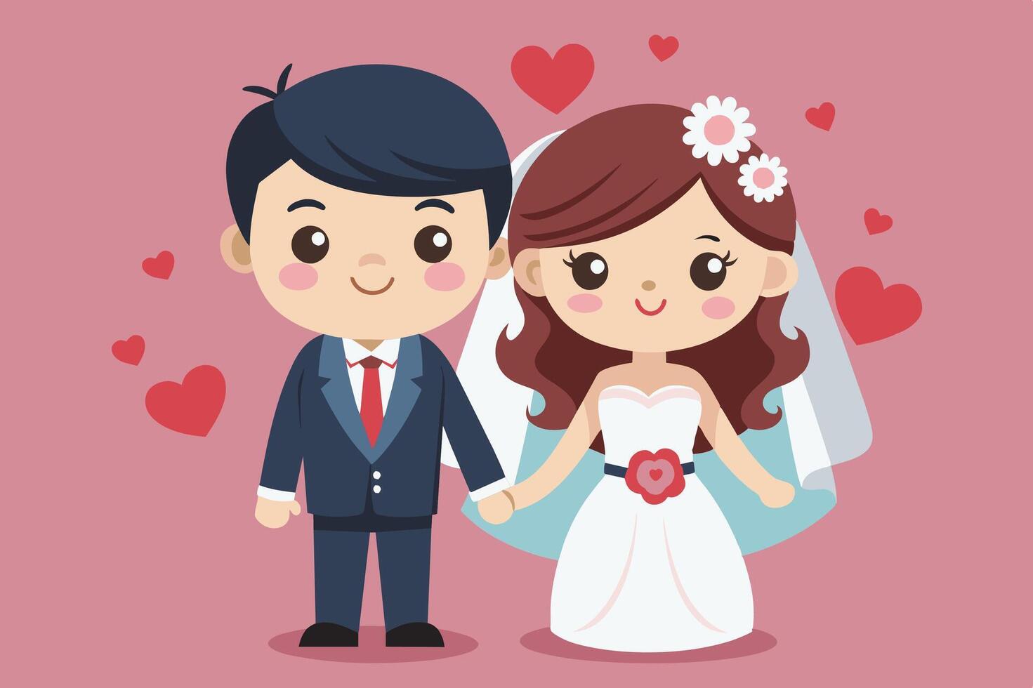 Cute cartoon couple in wedding attire holding hands surrounded by hearts on a pink background celebrating love vector
