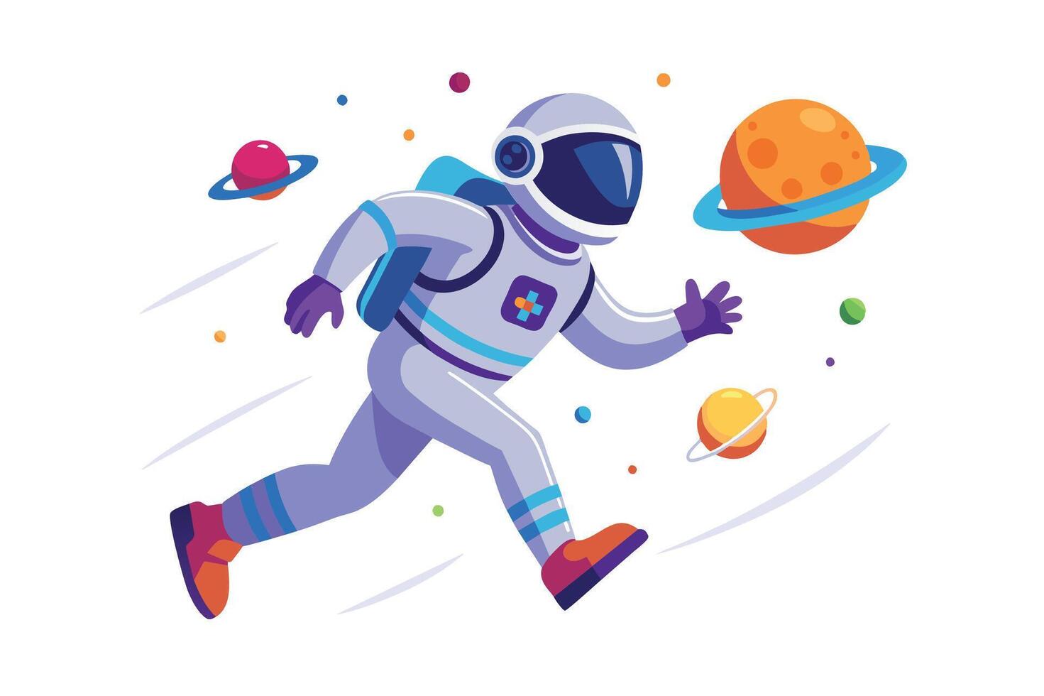 A cartoon astronaut exploring a vibrant outer space with colorful planets and rings in a whimsical cosmic environment vector