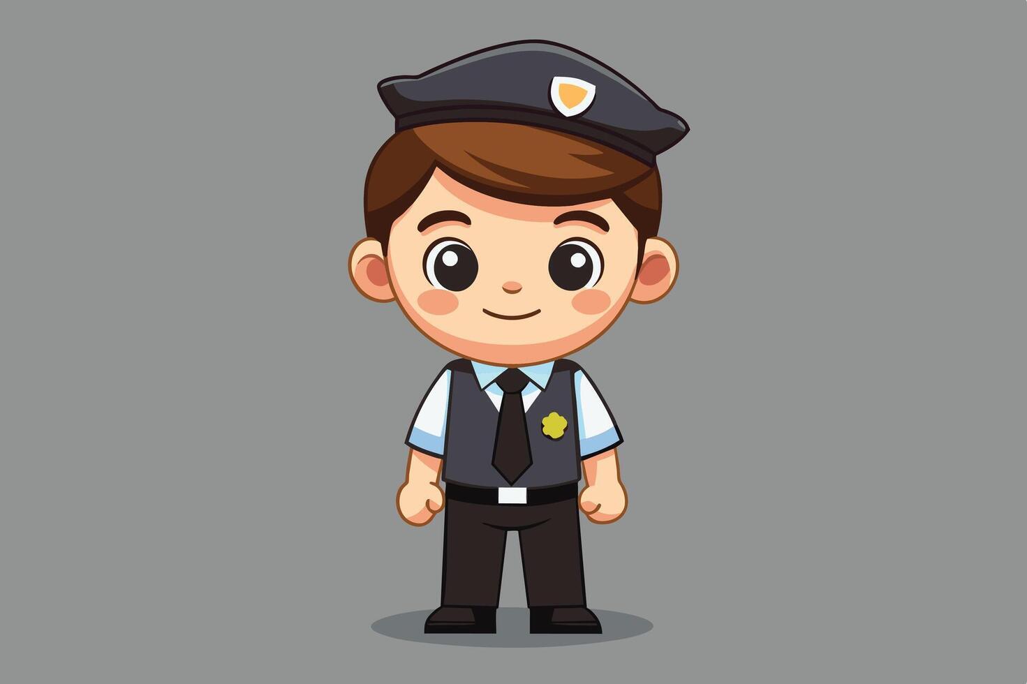 A cheerful cartoon character dressed as a police officer stands against a gray background, showcasing uniform details and a friendly expression vector